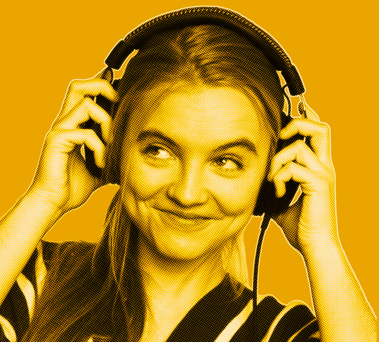 Yellow filtered picture of woman's head smiling looking to the side while wearing and holding headphones with her hands
