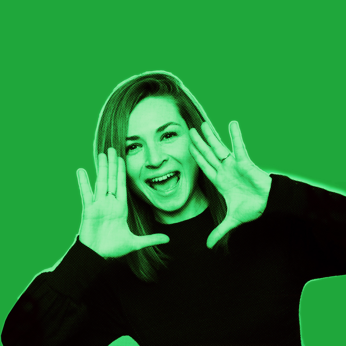 Green-filtered picture of woman smiling and holding both hands to the side of her face