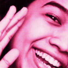 Pink-filtered partial portrait of a woman smiling holding her right hand to the side of her face