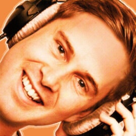 Orange-filtered portrait of a man smiling wearing headphones